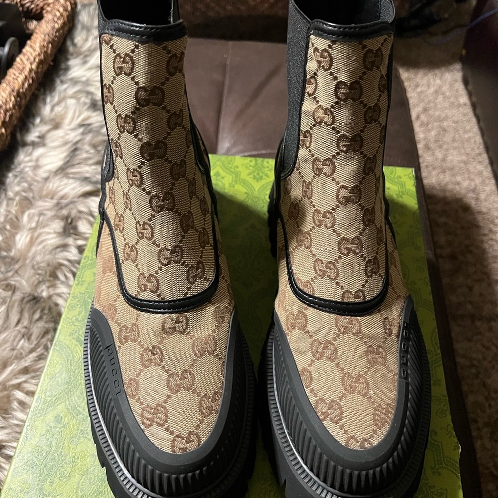 Gucci Beige Monogram Ankle Boots